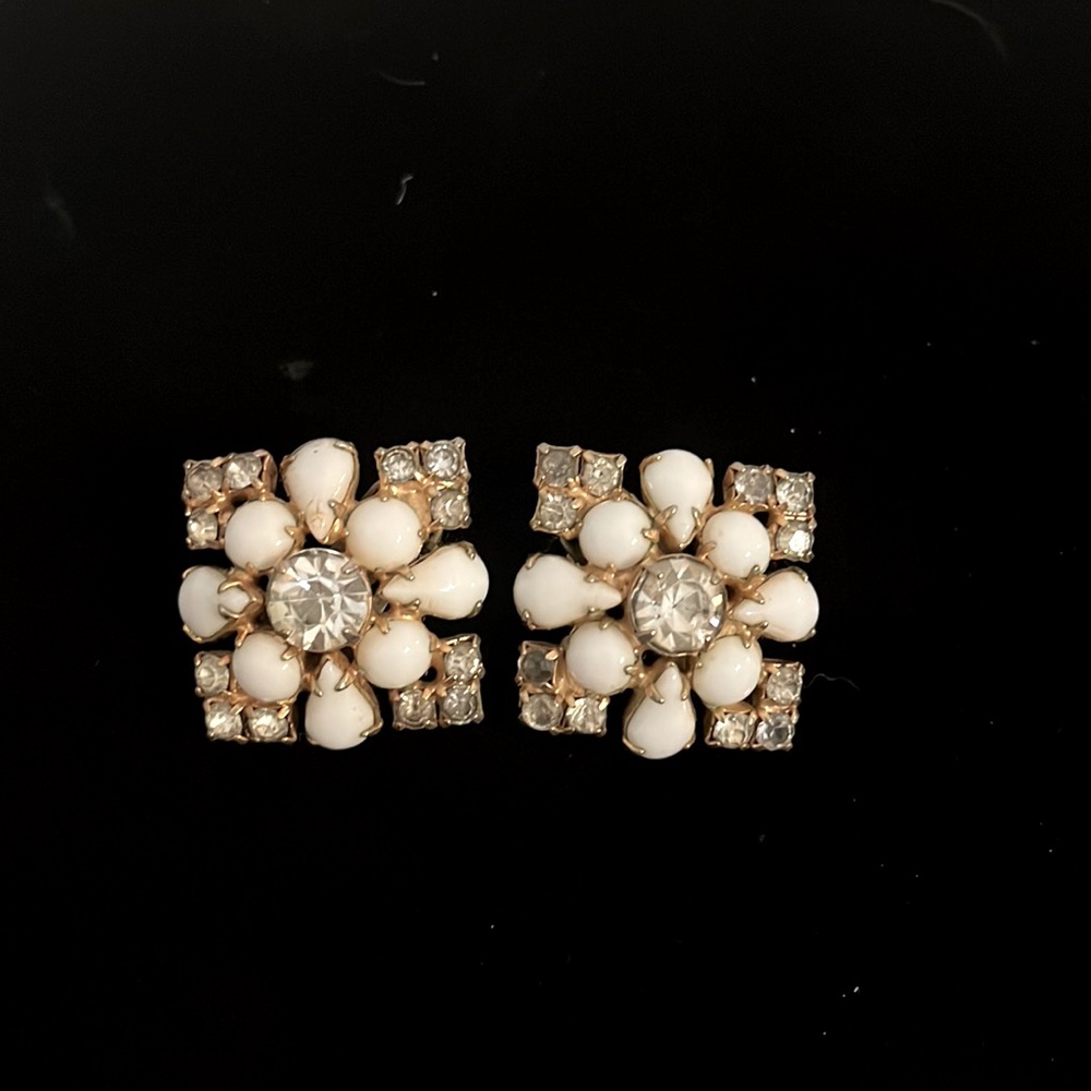 Vintage Milk Glass and Rhinestone clip-on earrings